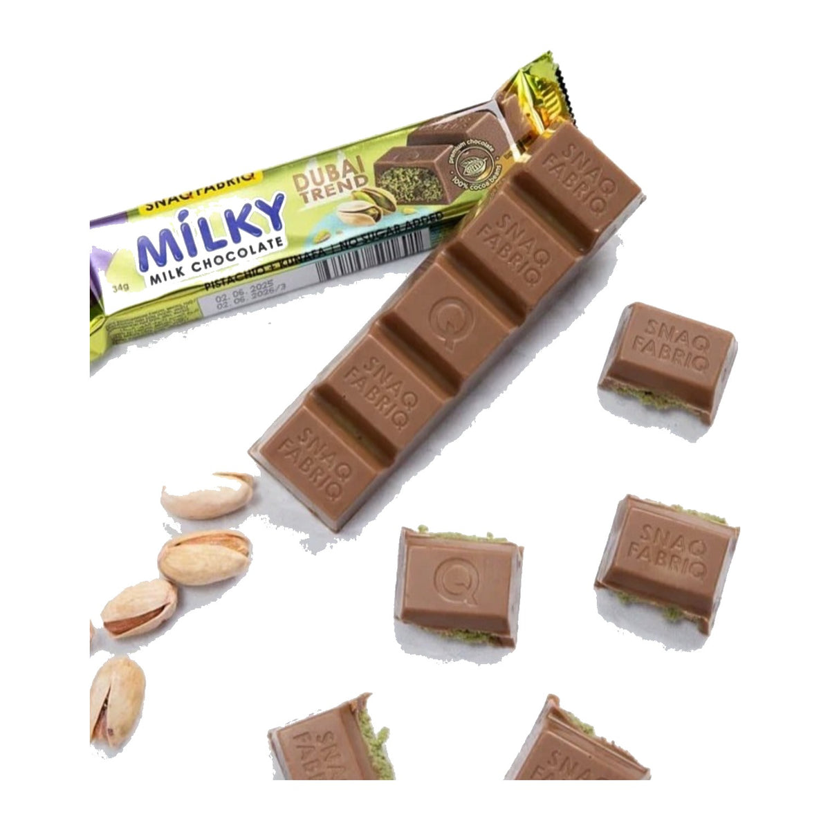 Snaq Fabriq Milky milk chocolate pistachio and kunafa 34g bar